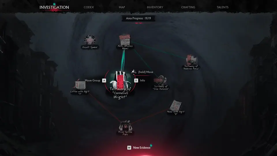 Investigation interface connecting evidence around an ancient artifact