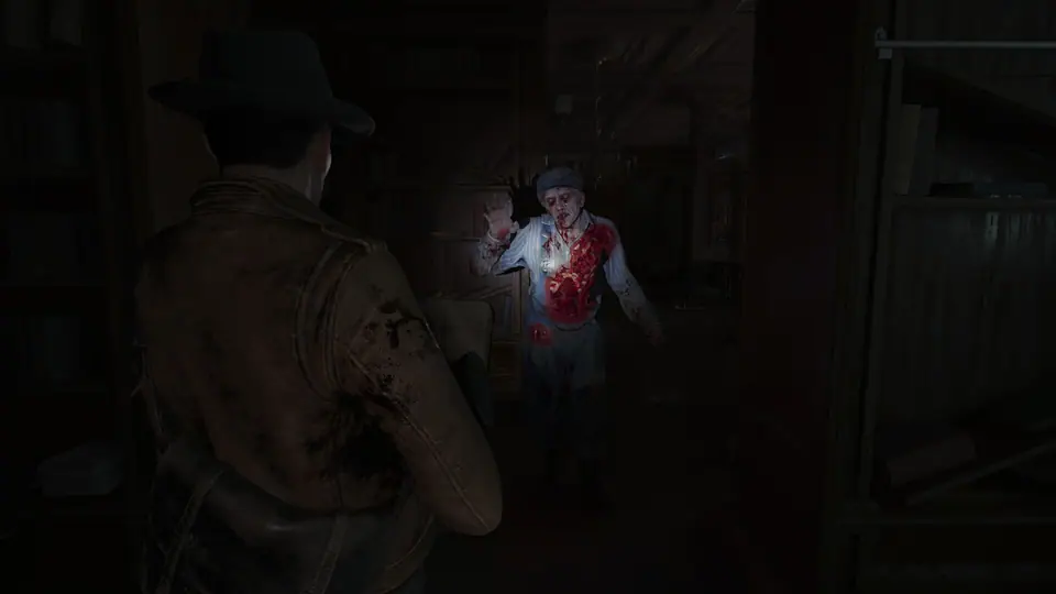 Calvin shoots a humanoid enemy inside a dark room