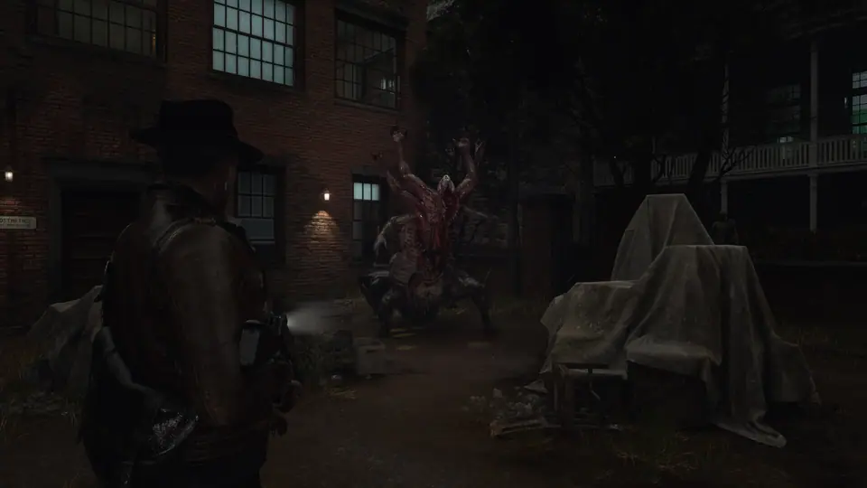 Calvin faces a large eldritch creature in an enclosed courtyard